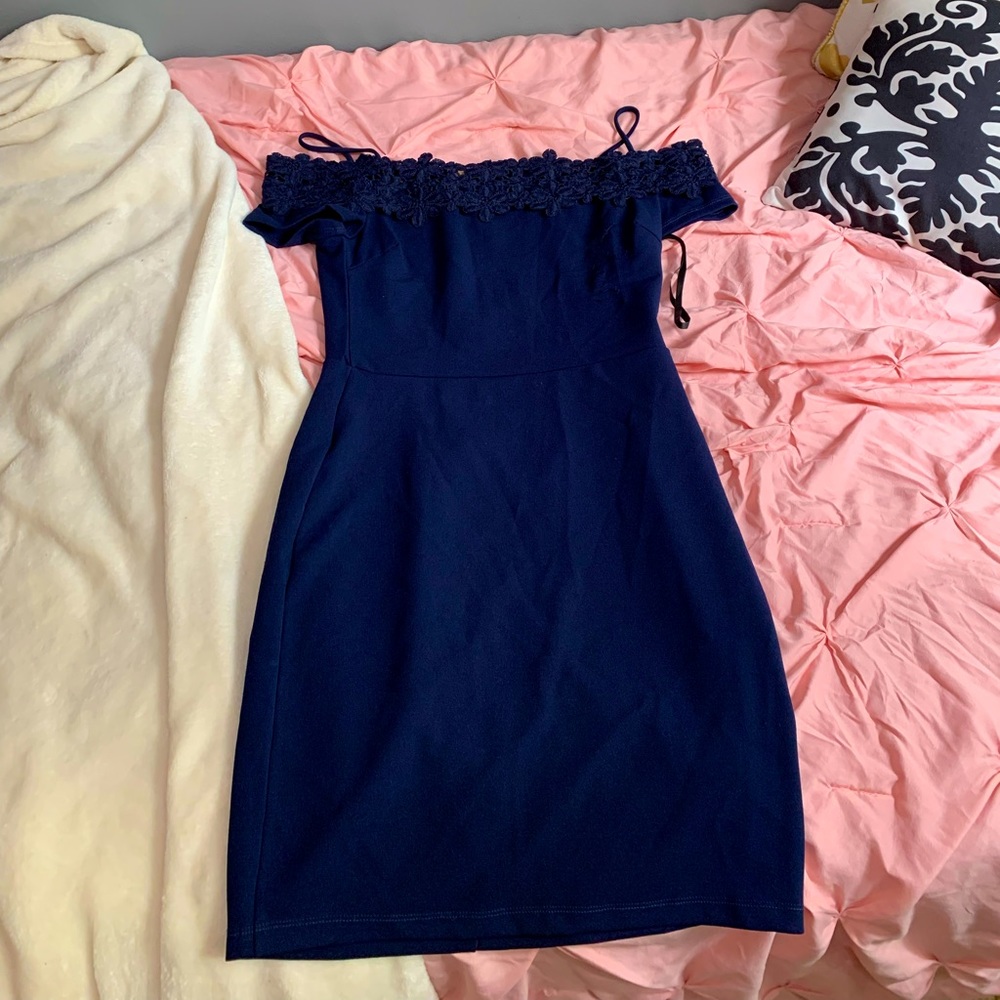 B. Darlin navy blue dress with lace across and cold shoulder sleeves